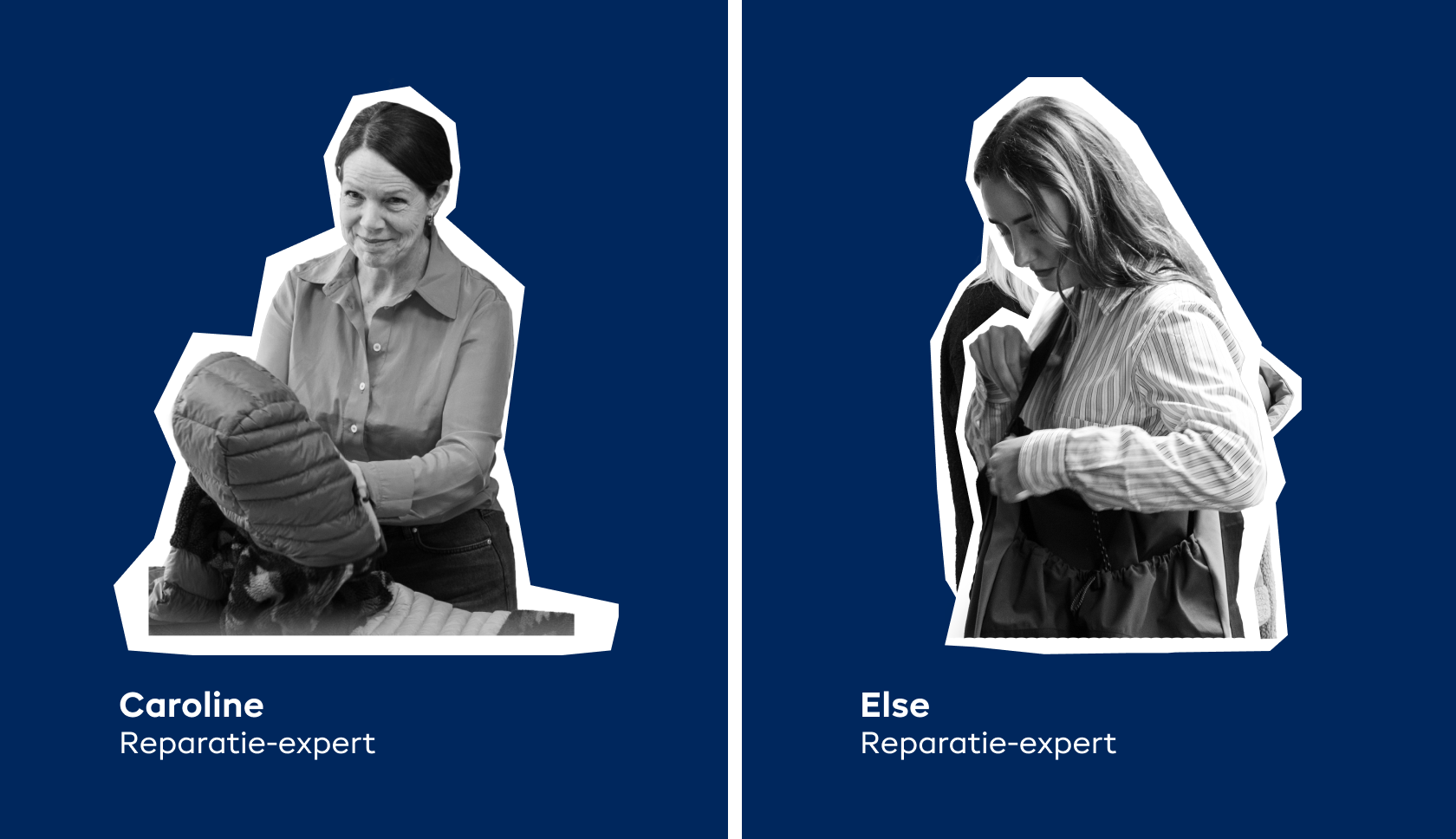 Een blauwe stof wordt op de tas bevestigd met een naaimachine 