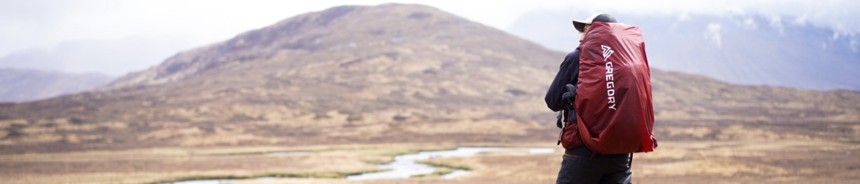 hiker met backpack kijkt uit over landschap