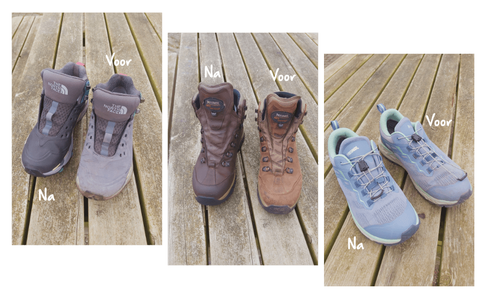 Resultaten van schoenverzorging: de ene schoen is vies, de andere schoen is mooi schoon.