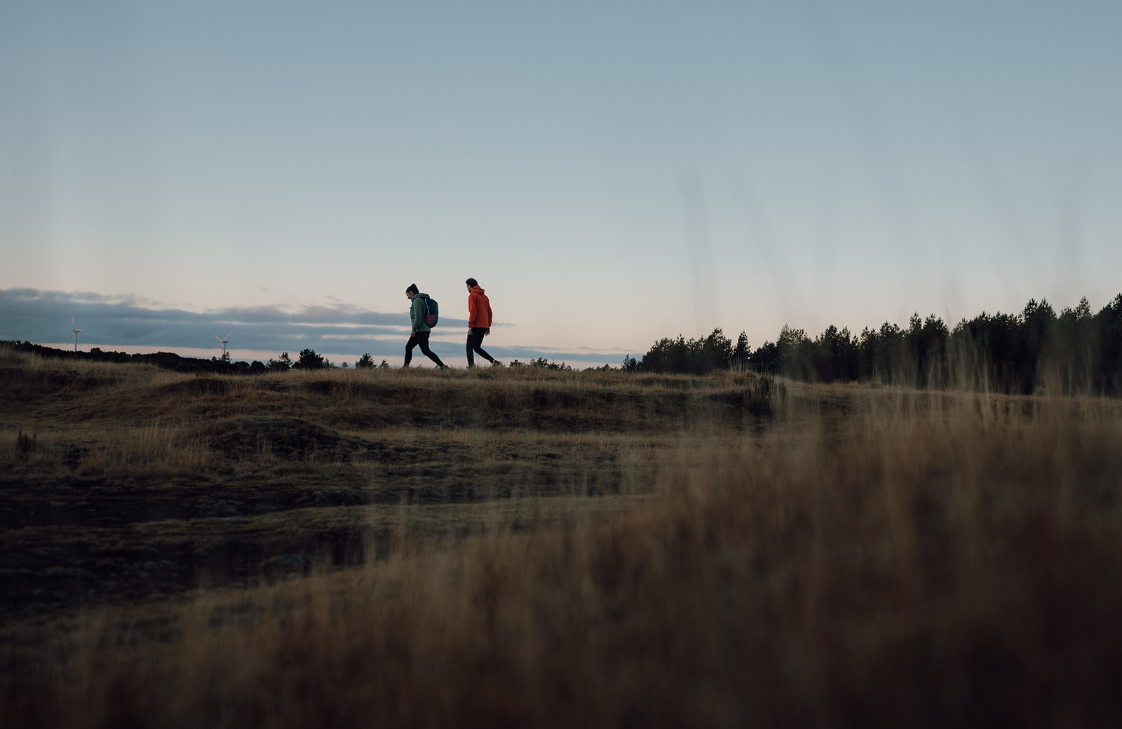 twee wandelaars in de verte lopen door de hei