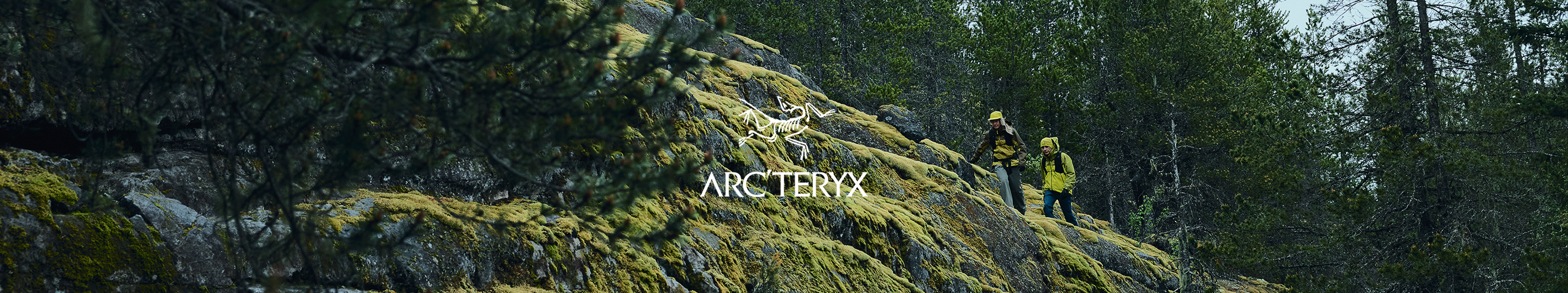 twee mensen  in jassen met capuchons hiken op een mossige berg in het bos